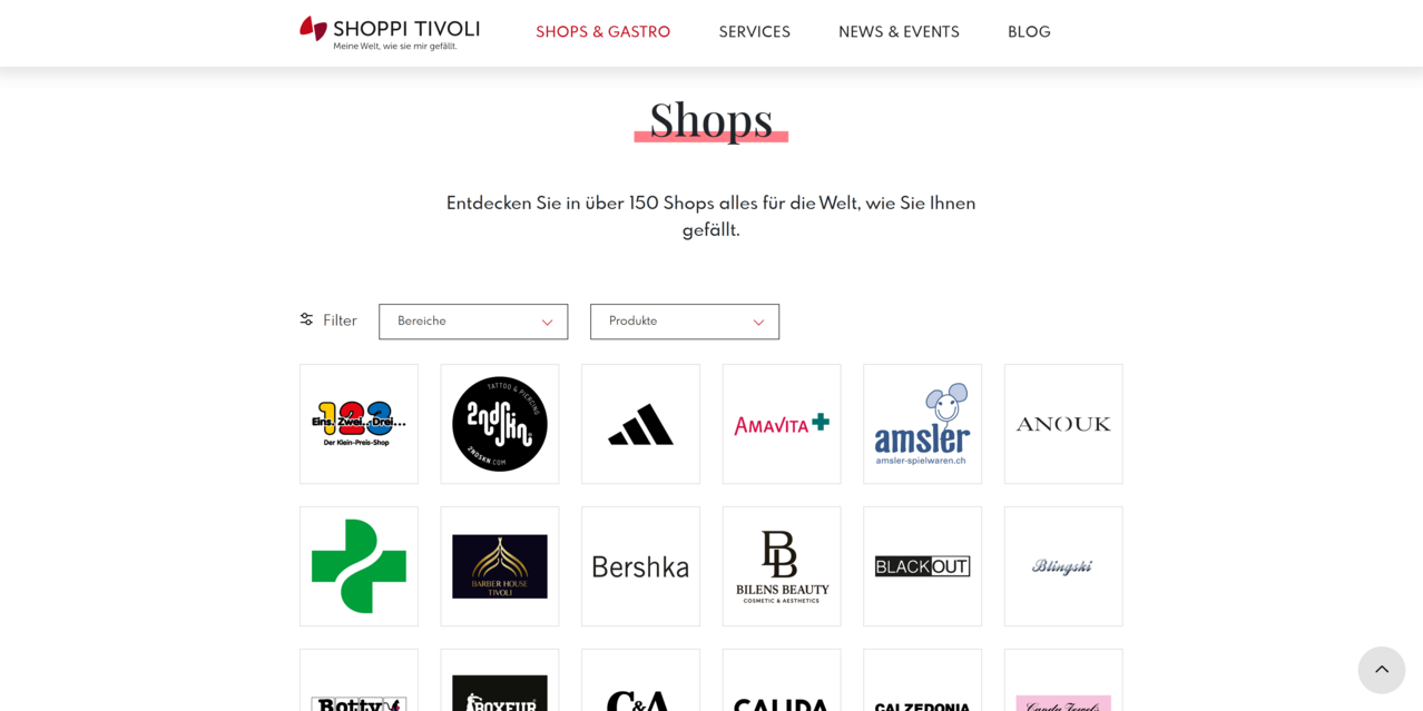 Shop-Übersicht mit Filter über 160 Geschäfte