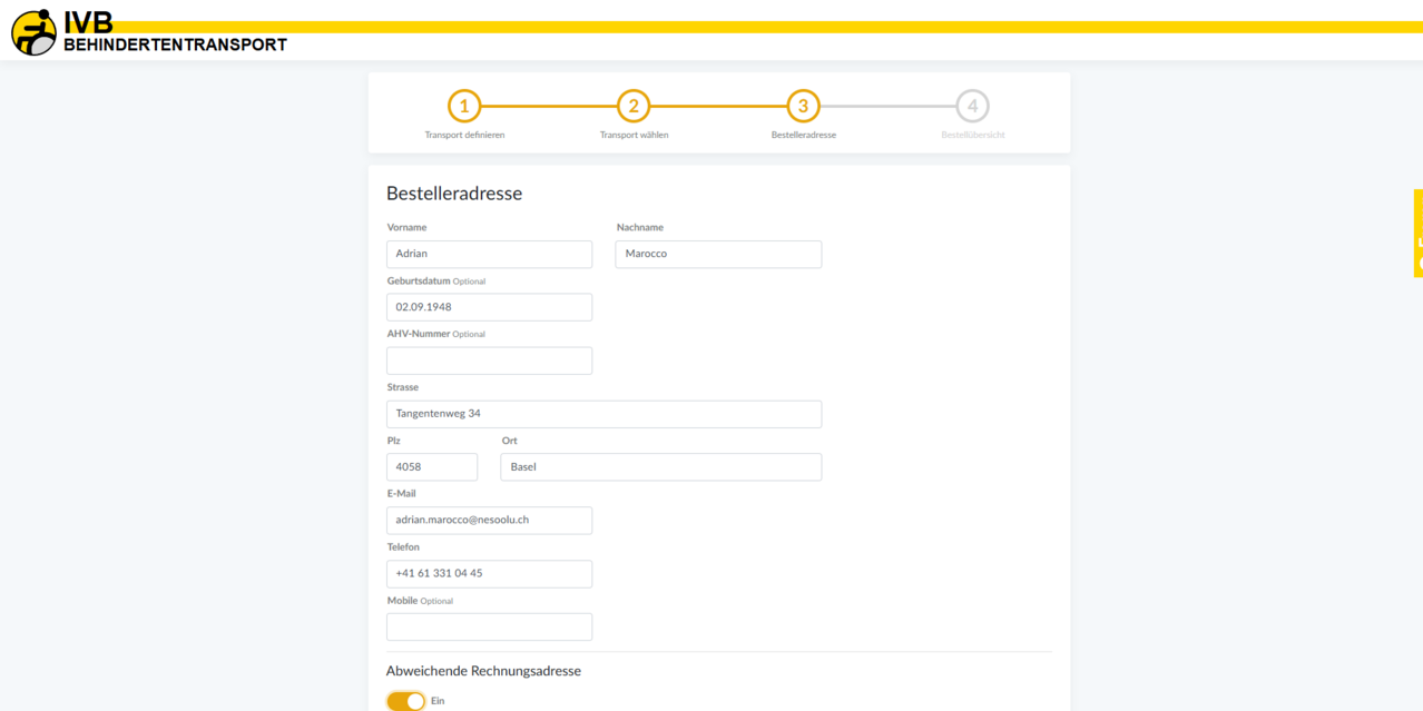 Schritt 3: Bestelleradresse mit Kontakt- und Rechnungsangaben
