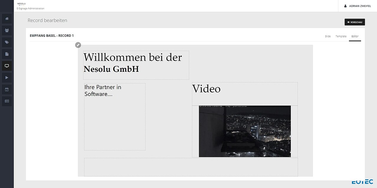 Editor mit Text- und Videobereichen innerhalb einer Vorlage