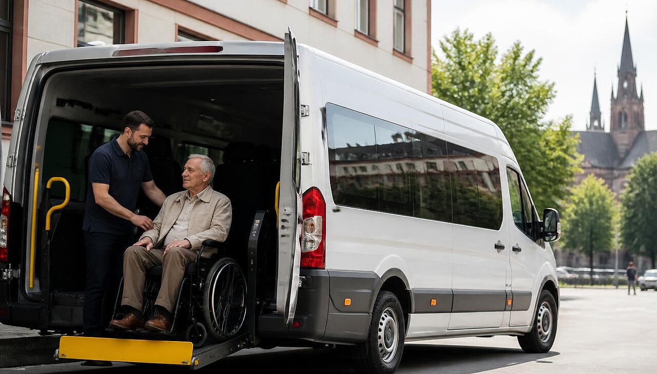 IVB Begleitperson unterstützt einen Fahrgast beim Einstieg in einen Patiententransport