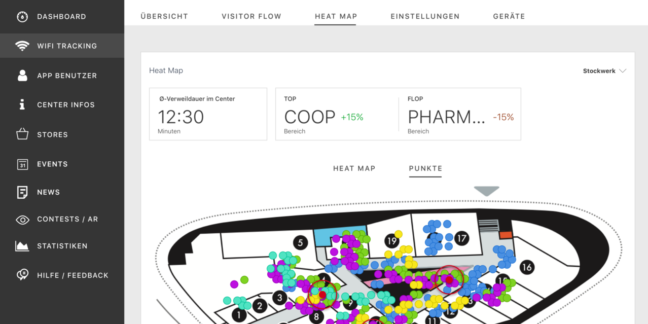 Heatmaps mit Erkennbarkeit einzelner Personen und Kennzeichnung von Points of Interests