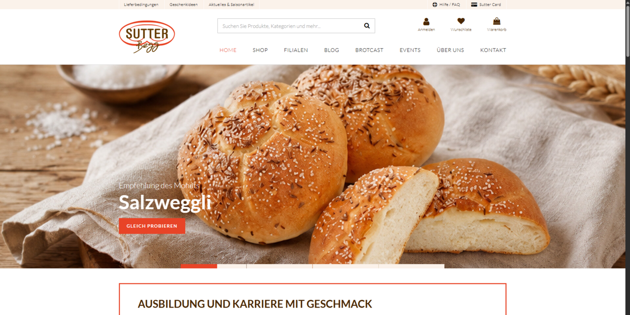 Startseite von Sutter Begg mit saisonalen Highlights und Onlineshop