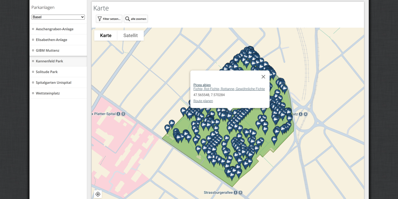 Karte mit GPS-Standorten der Pflanzen in einer Parkanlage