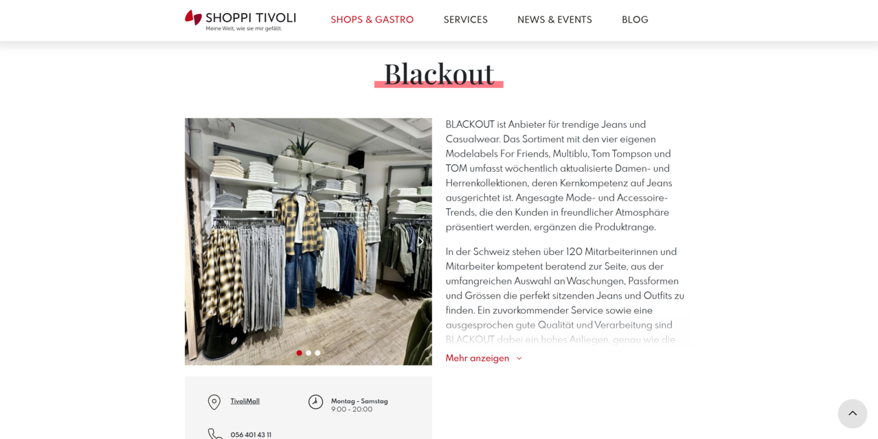 Shop-Detailansicht mit Informationen zu Ladenöffnungszeiten und Angebot