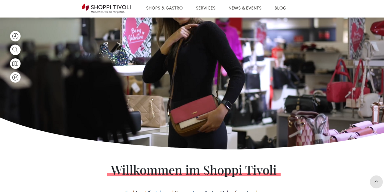 Startseite inkl. Video-Header mit diversen Eindrücken zum Shoppingcenter