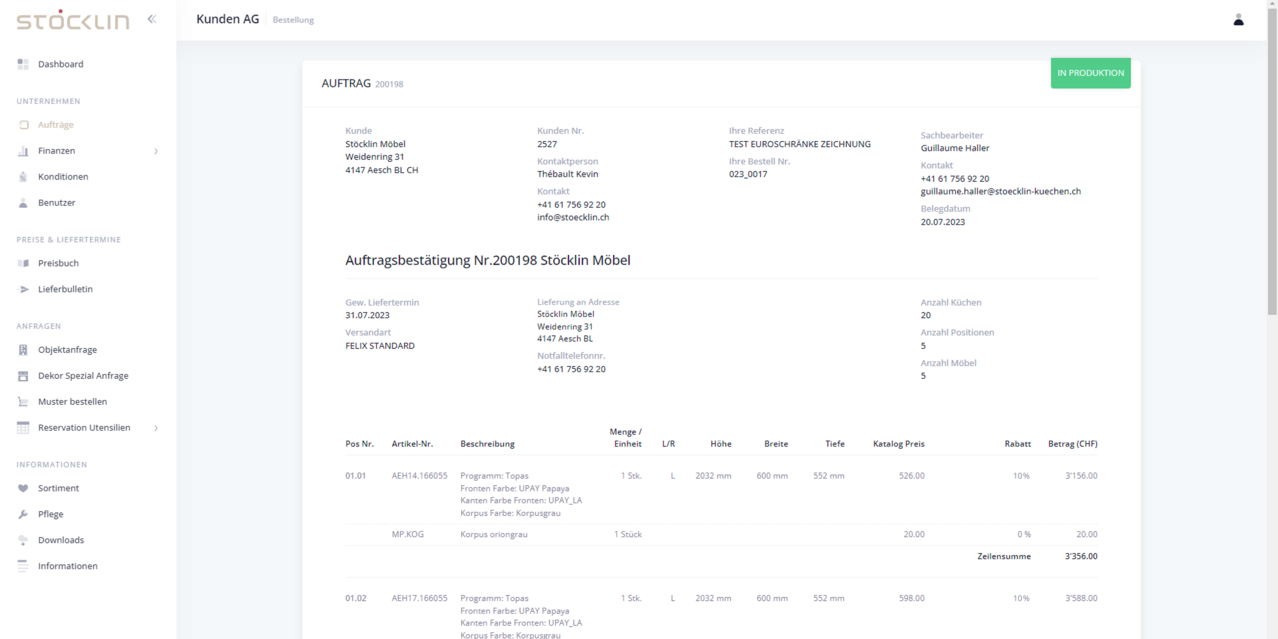 Auftragsdetail mit Positionen, Massen, Katalogpreisen und Rabatten