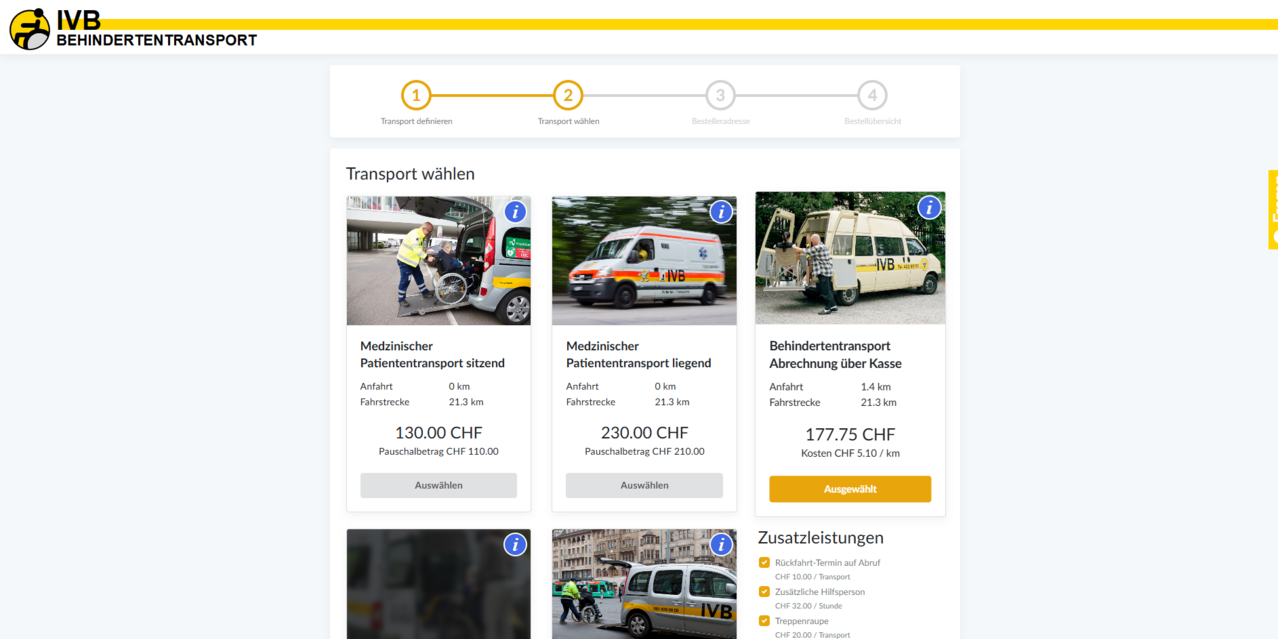 Schritt 2: Transportarten mit Kilometern, Preisen und Zusatzleistungen