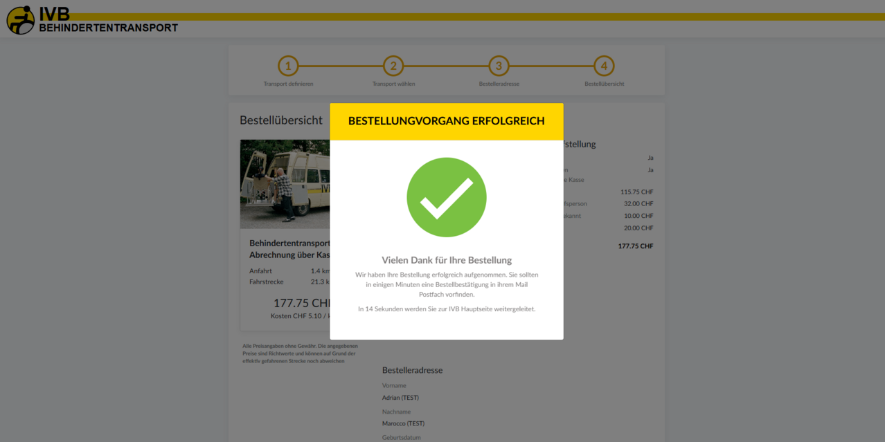 Bestätigung über den erfolgreichen Abschluss der Bestellung