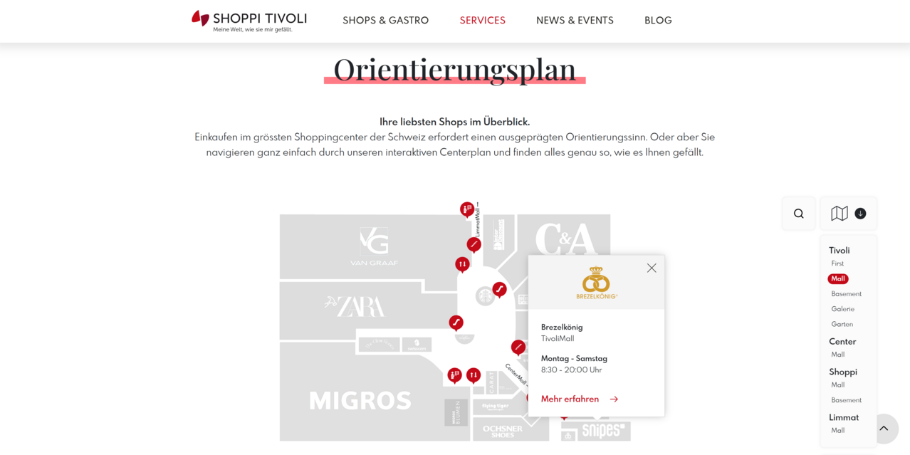 Interaktiver Orientierungsplan mit Malls, Stockwerken und Legende