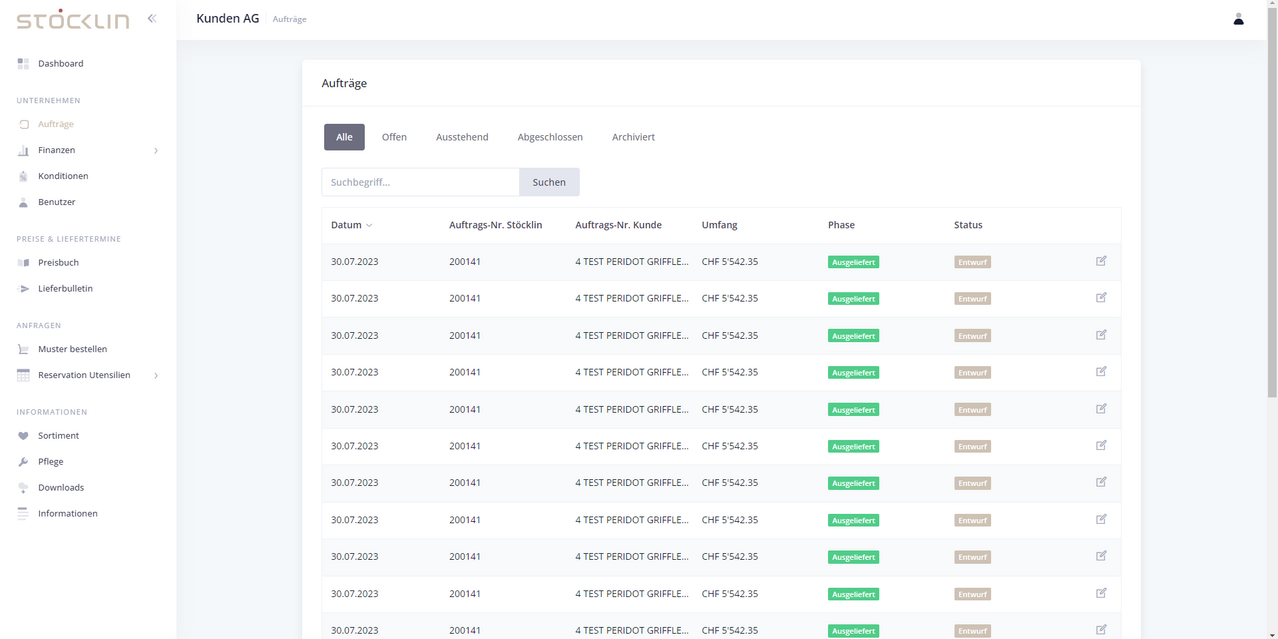 Auftragsliste mit Filter nach Phase und Status