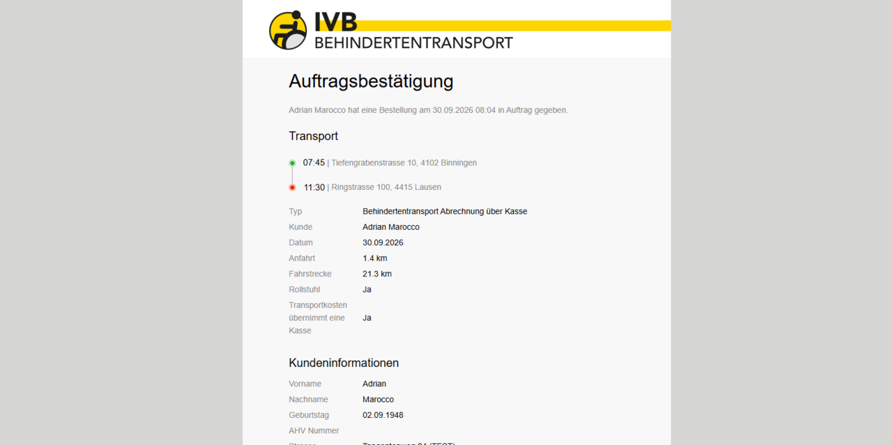 E-Mail der Auftragsbestätigung mit allen relevanten Informationen inkl. Kopie an den Besteller